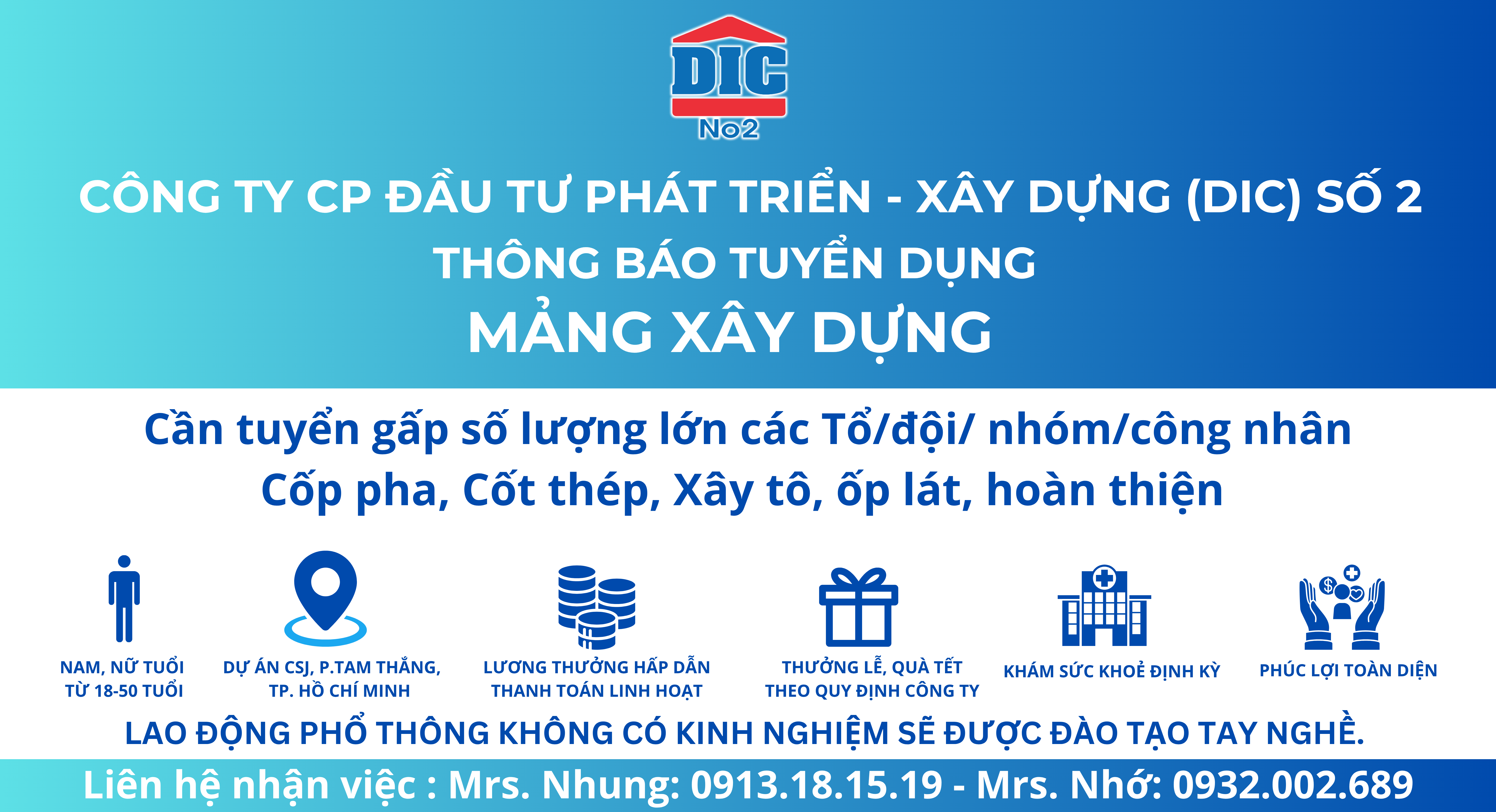 TUYỂN DỤNG TỔ, ĐỘI, CÔNG NHÂN XÂY DỰNG LÀM TẠI DỰ ÁN CSJ
